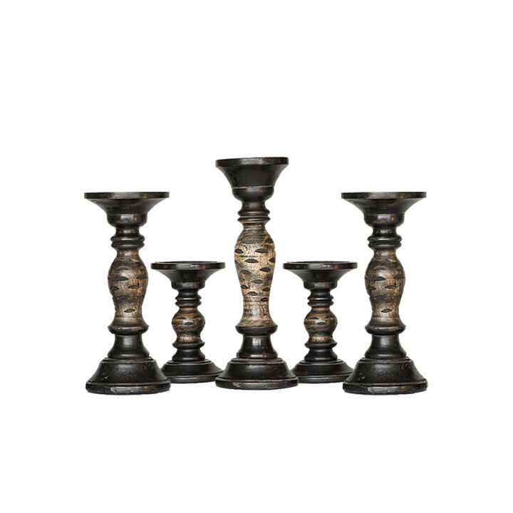 Traditional Dark Polish Eco-friendly Handmade Mango Wood Set Of Five 6",9",12",9" & 6" Pillar Candle Holder BBH Homes