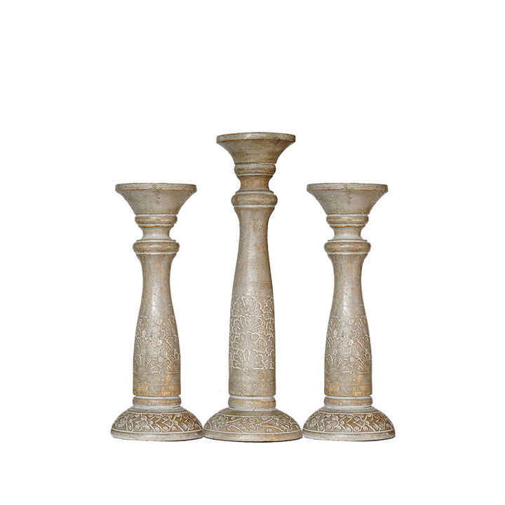 BBH Homes Traditional Gray Wash Eco-friendly Handmade Mango Wood Set Of Three 12",15" & 12" Pillar Candle Holder