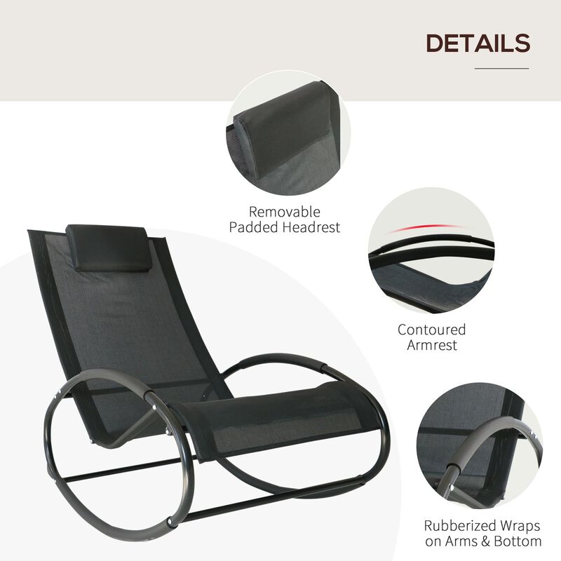 Black Patio Comfort: Rocking Chaise Lounger with Headrest & Breathable Fabric