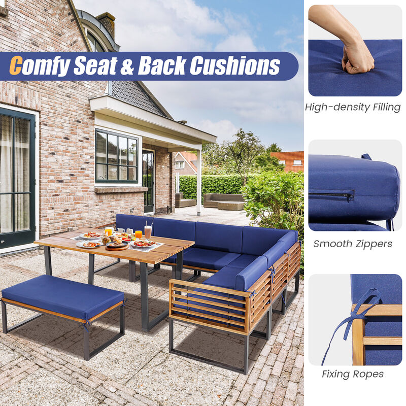 8 Pieces Patio Acacia Wood Dining Table Set with Ottoman Cushions