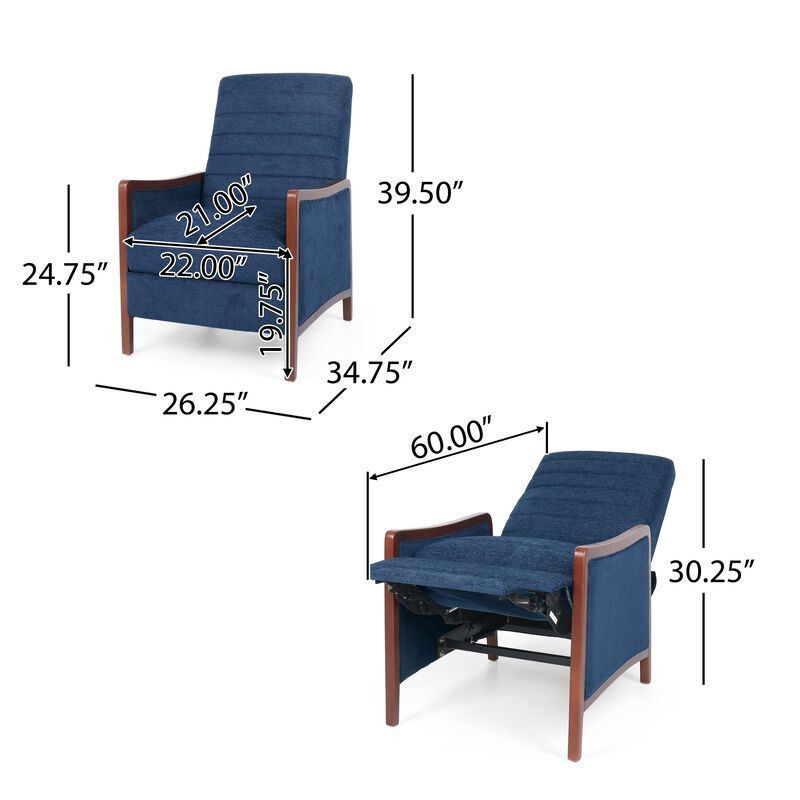 Ryka Pushback Manual Recliner Chair, Birch Wood, Channel Stitch Blue - Benzara