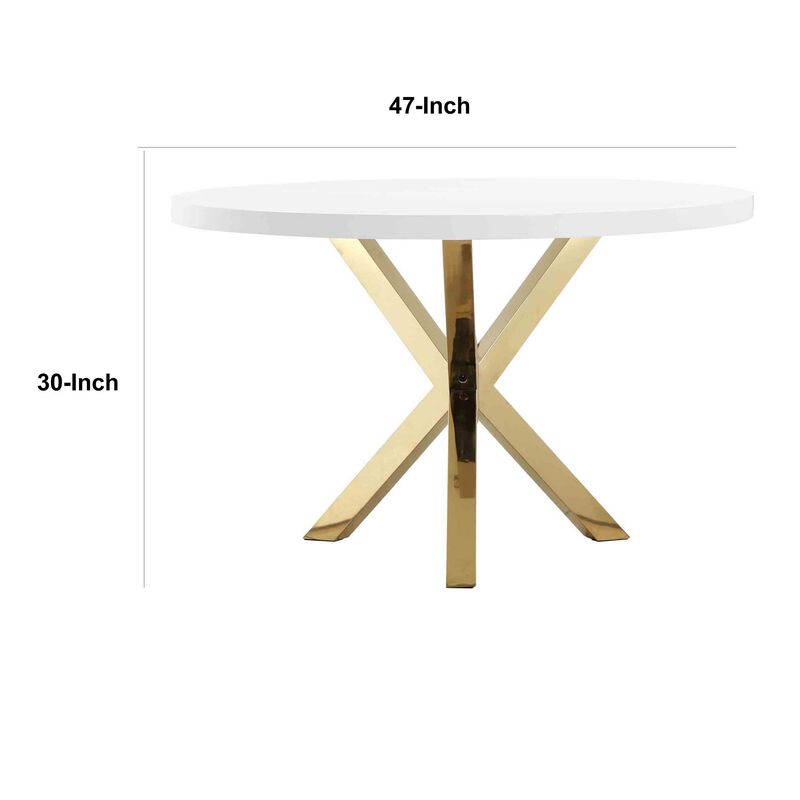 Emi 47 Inch Dining Table, Round White Lacquer Top, X Twisted Gold Legs - Benzara