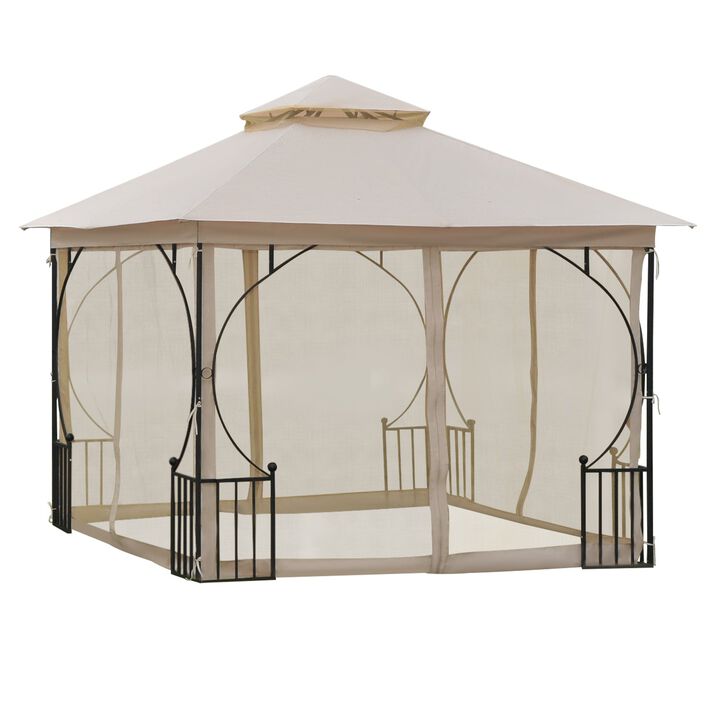 Beige Outdoor Haven: 10'x10' Gazebo Tent with Mesh Netting Sidewalls