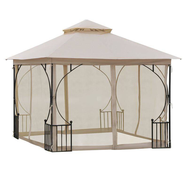 Beige Outdoor Haven: 10'x10' Gazebo Tent with Mesh Netting Sidewalls