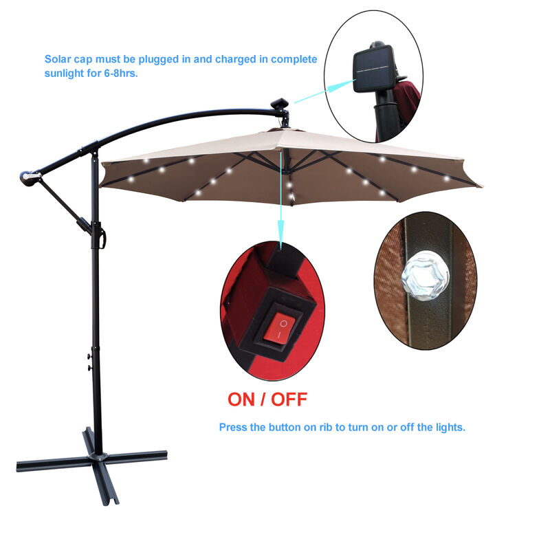 10ft LED Solar Patio Umbrella with Crank and Cross Base