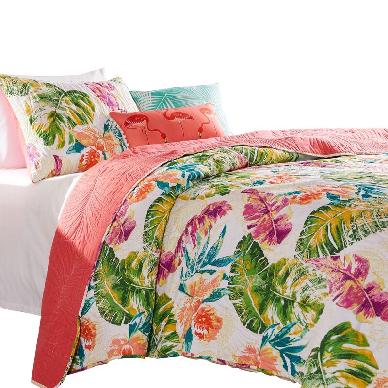 Aulne 2 Piece Twin Quilt Set with Leaf Print, Multicolor - Benzara