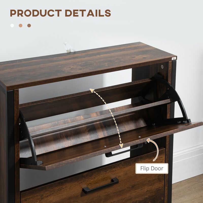 Rustic Brown Shoe Rack: Slim Cabinet with 2 Flip Doors for Entryway
