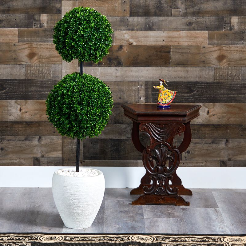 Hivvago 4 Feet Boxwood Double Ball Artificial Topiary Tree in White Planter UV Resistant (Indoor/Outdoor)