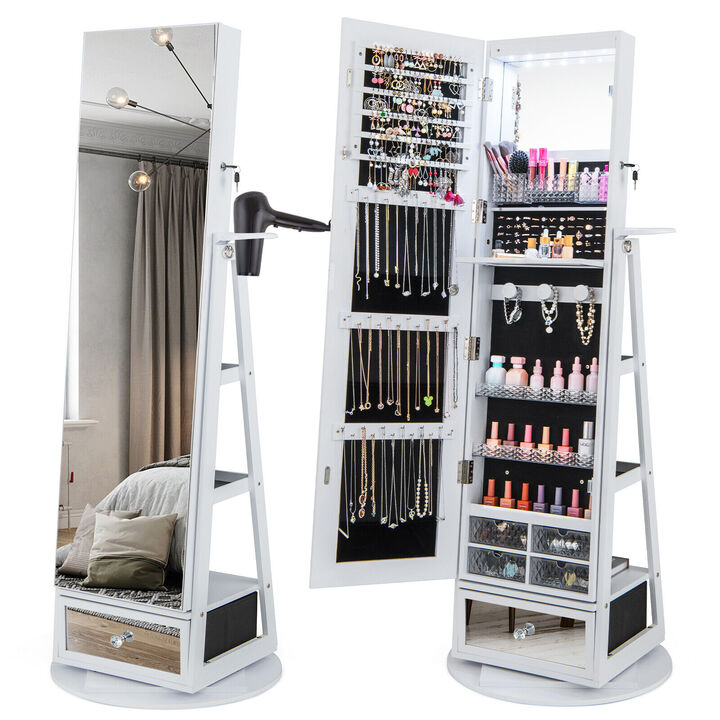 Lockable 360� Swivel Jewelry Cabinet with Full-Length Mirror LED Lights-White