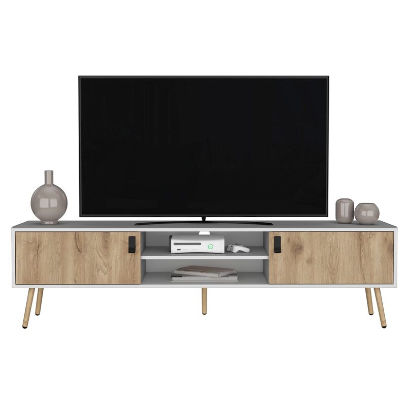 DEPOT E-SHOP Toka TV Rack with 2 Hinged Doors and�Central Shelves, White/Macadamia