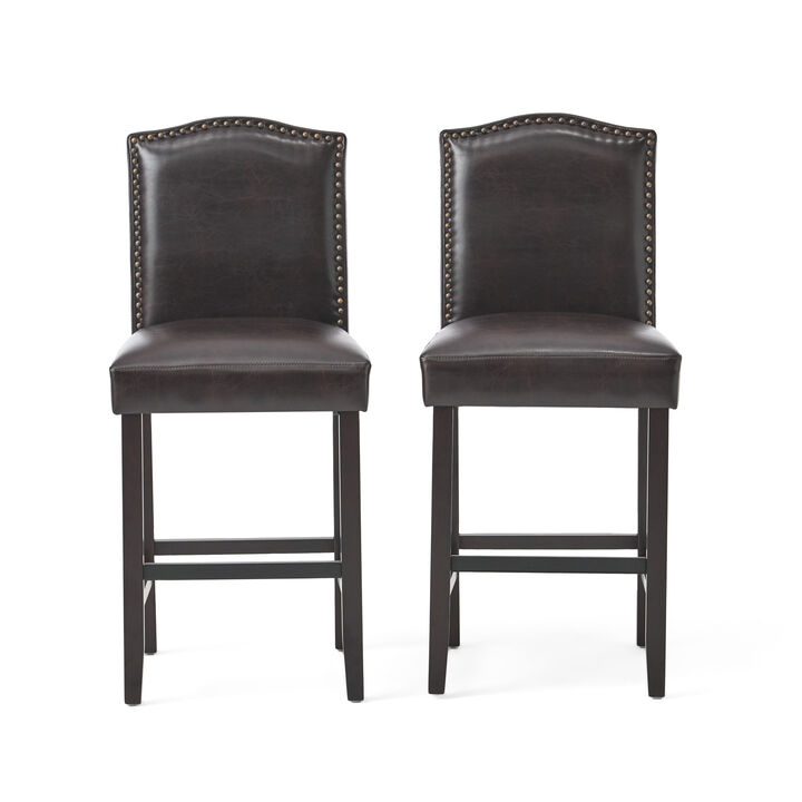 Counter Height Chair Set of 2, Nailhead Trim, Brown and Walnut Faux Leather - Benzara