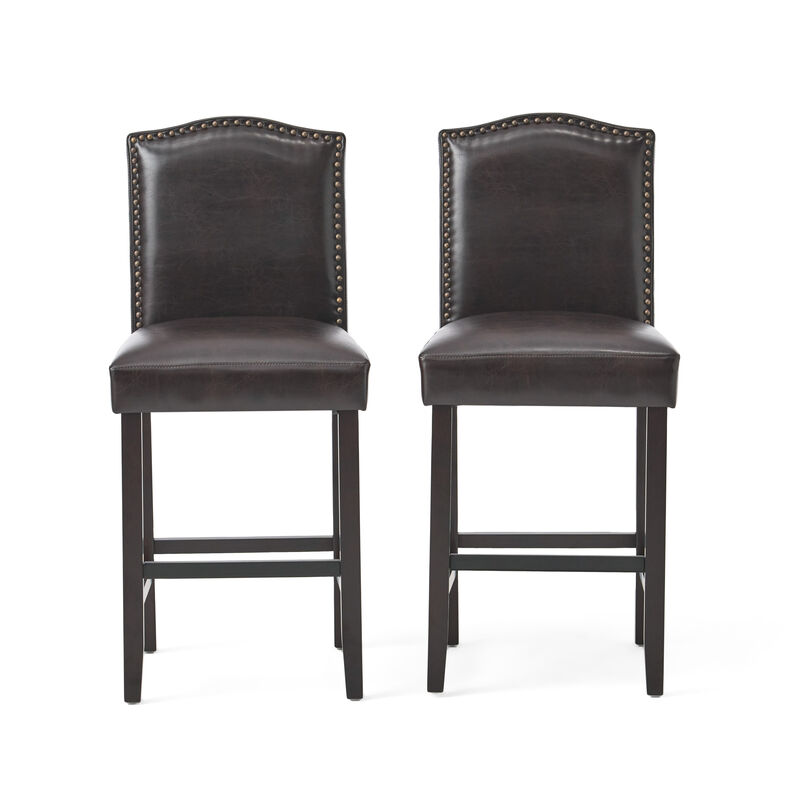 Counter Height Chair Set of 2, Nailhead Trim, Brown and Walnut Faux Leather - Benzara