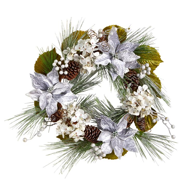 Hivvago 24" Silver Poinsettia, Hydrangea and Pinecones Artificial Christmas Wreath