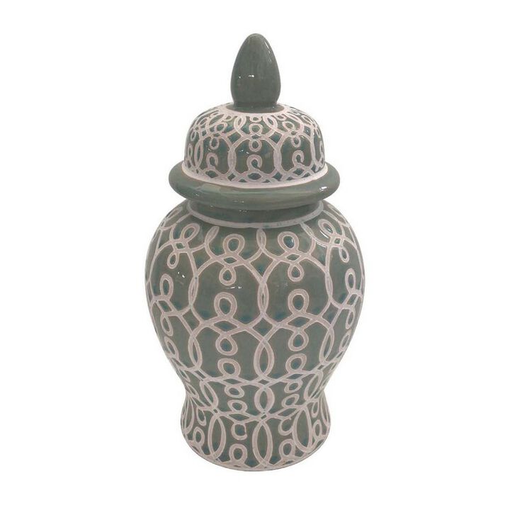 12 Inch Temple Jar, Ceramic Intricate Geometric Pattern, Removable Lid, Olive Green - Benzara