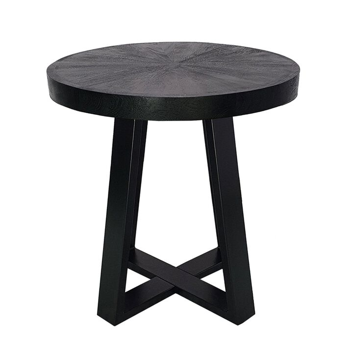 Benjara Raj 24 Inch Round Side End Table, Cross Legs Design, Black Acacia Wood Iron