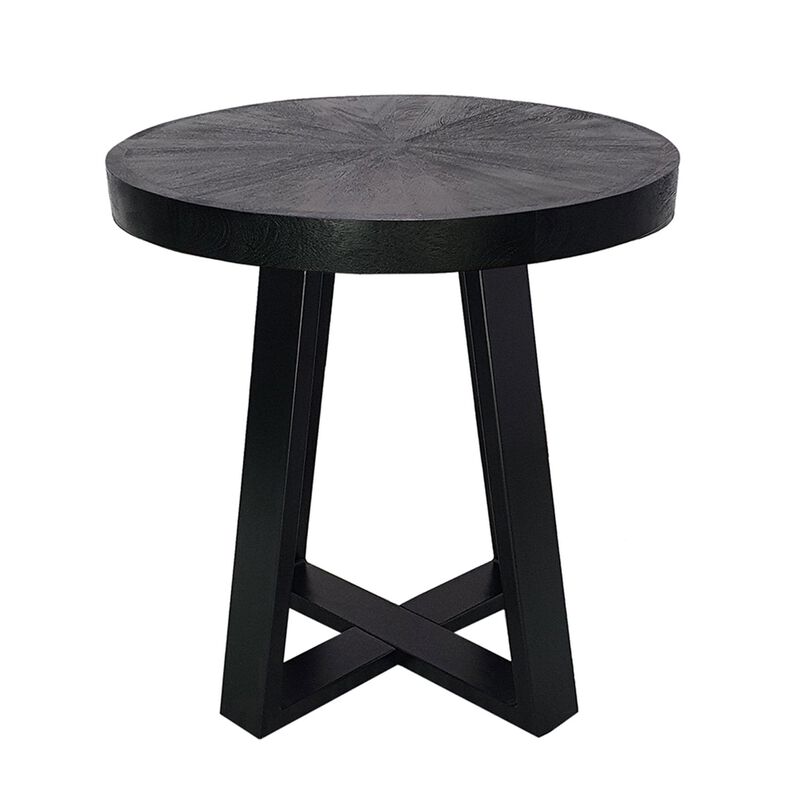 Benjara Raj 24 Inch Round Side End Table, Cross Legs Design, Black Acacia Wood Iron