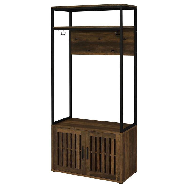 71 Inch Hall Tree Coat Rack, Shoe Cabinet with Shelves, Brown, Black - Benzara