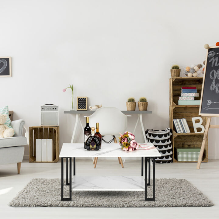 Modern 2-Layer Coffee Table with Marble MDF Top – Iron Frame for Dining & Coffee Shops