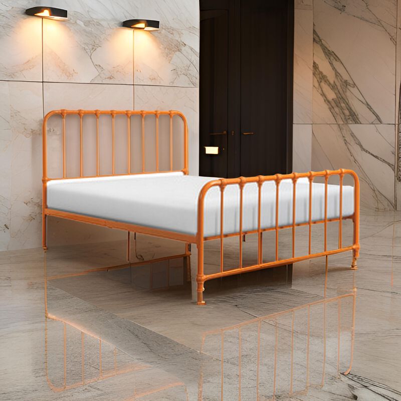 Ethan Queen Size Bed, Classic Open Slatted Metal Frame Design, Orange - Benzara