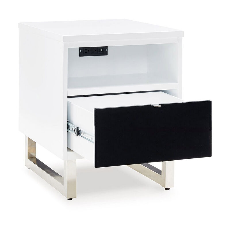 Tonny Chair Side Table, Dual USB Ports, Black Glass, White, 24 Inch - Benzara