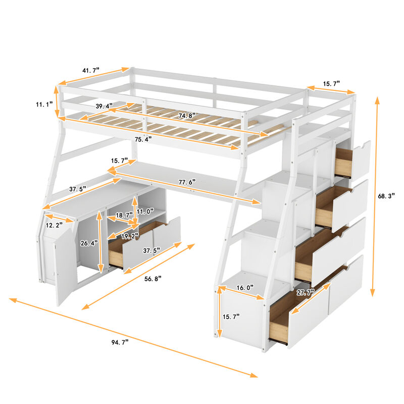 Twin Size Loft Bed With With 7 Drawers 2 Shelves And Desk