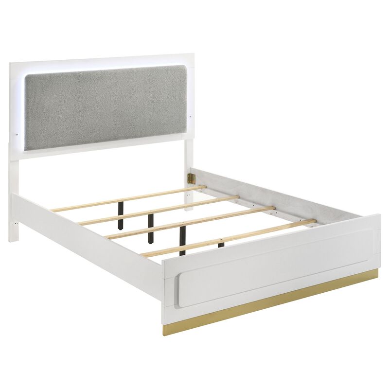 Caer Queen Size Bed, LED Panel Tall Headboard, Gray Upholstery, White Okume -