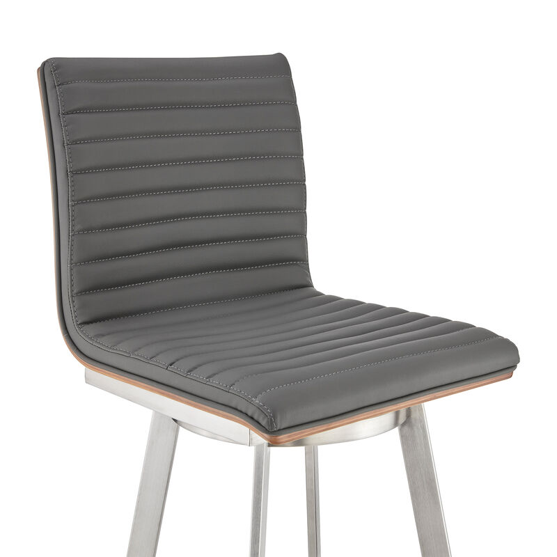 Jermaine Bar Height Swivel Bar Stool in Brushed Stainless Steel Finish and Gray Faux Leather