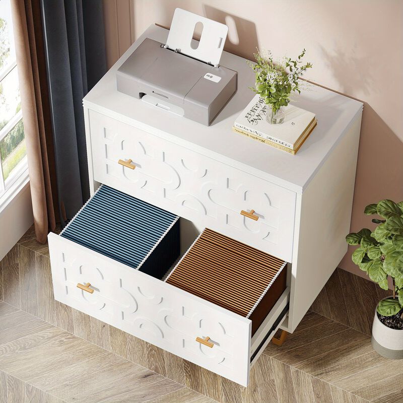 Lateral File Cabinet with 2 Drawers, Modern White Filing Cabinet for Legal/Letter/A4 Size, Large Storage Filing Cabinet Printer Stand for Home Office