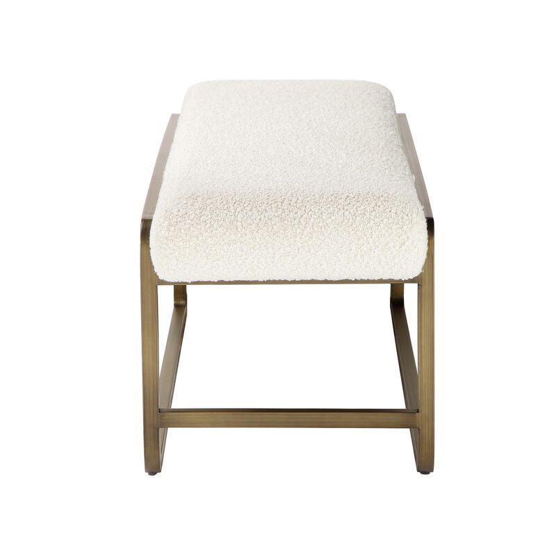 Loer 54 Inch Modern Accent Bench, Ivory Boucle Upholstery, Sled Brass Legs - Benzara
