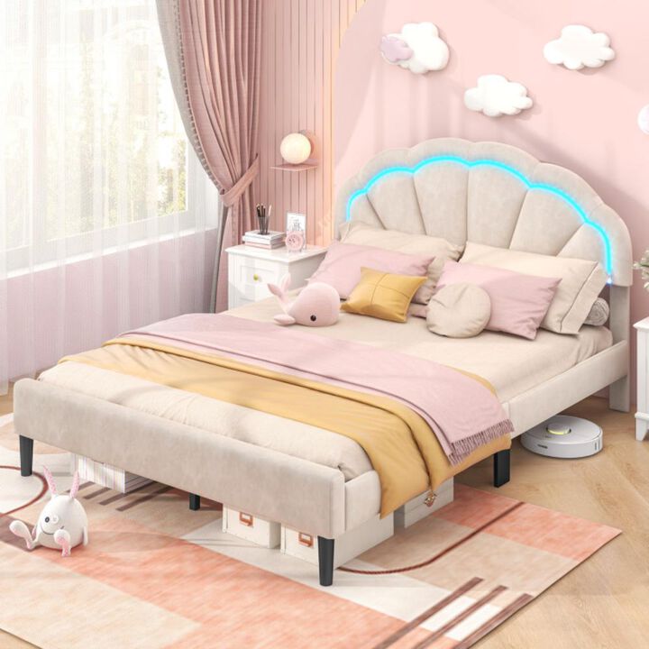 Hivvago Upholstered LED Bed Frame with Adjustable Flower Headboard and Metal Support Feet