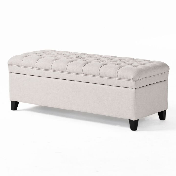 Rhya Storage Bench Ottoman, 50 Inch Seat, Button Tufted Gray Fabric - Benzara