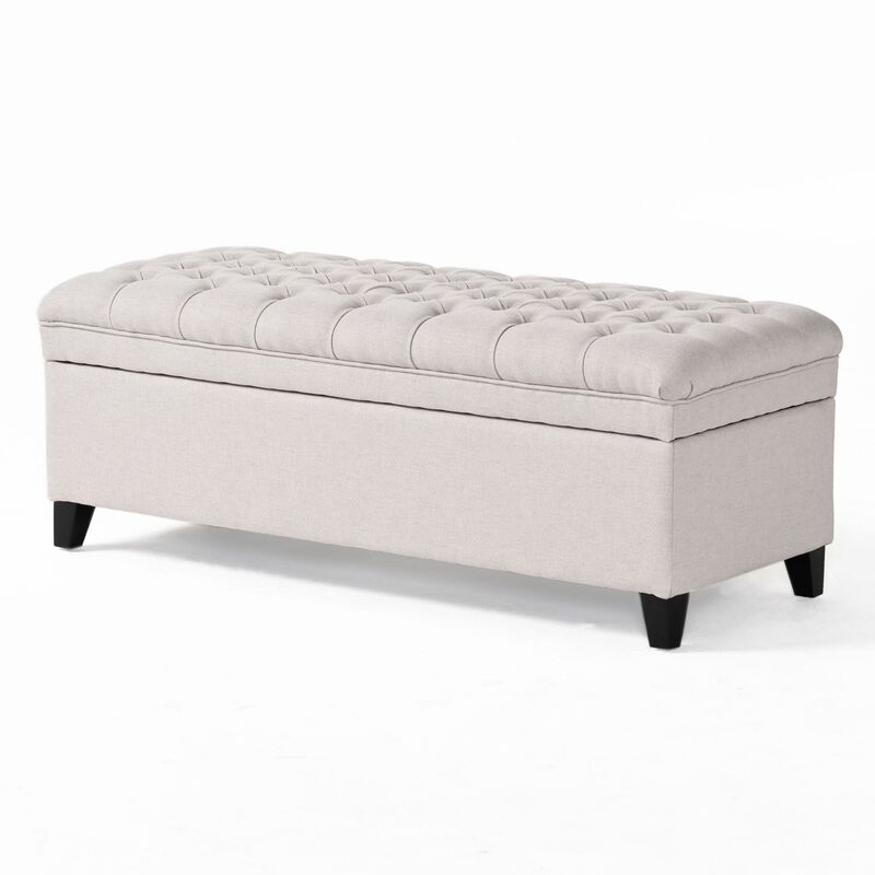 Rhya Storage Bench Ottoman, 50 Inch Seat, Button Tufted Gray Fabric - Benzara