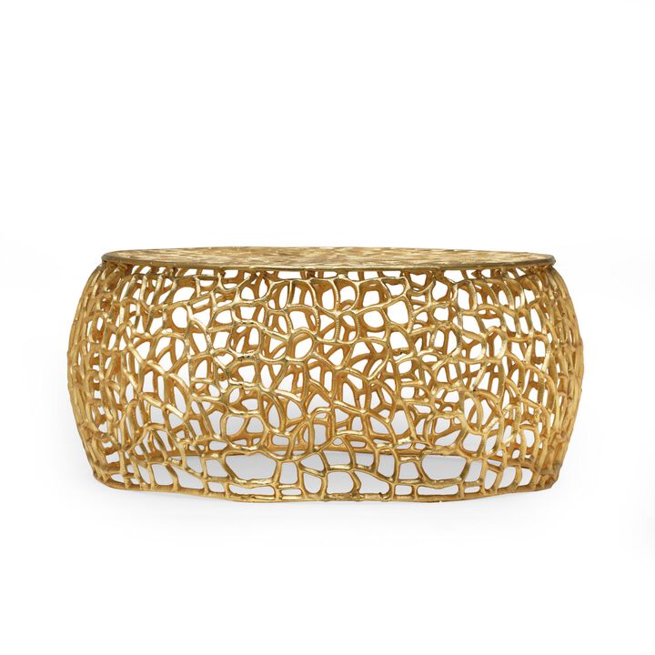 Coffee Table, 28 Inch Round Plinth Mesh Design, Open Gold Metal Frame - Benzara