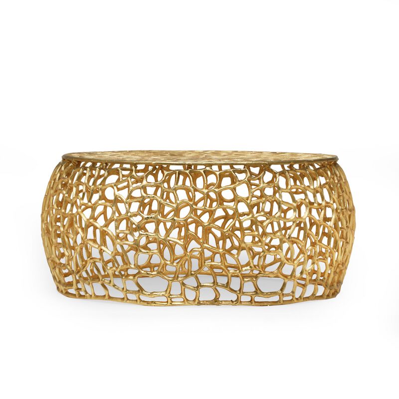 Coffee Table, 28 Inch Round Plinth Mesh Design, Open Gold Metal Frame - Benzara