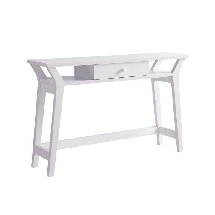 Dax 47 Inch Modern Console Table with Drawer and Mini Shelves, Wood, White-Benzara