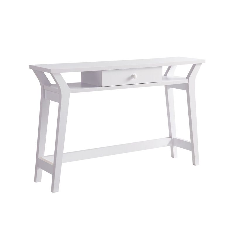 Dax 47 Inch Modern Console Table with Drawer and Mini Shelves, Wood, White-Benzara