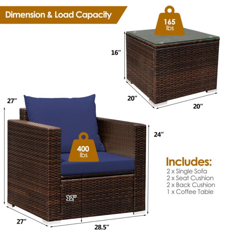 Hivvago 3 Pieces Patio Conversation Rattan Furniture Set with Cushion
