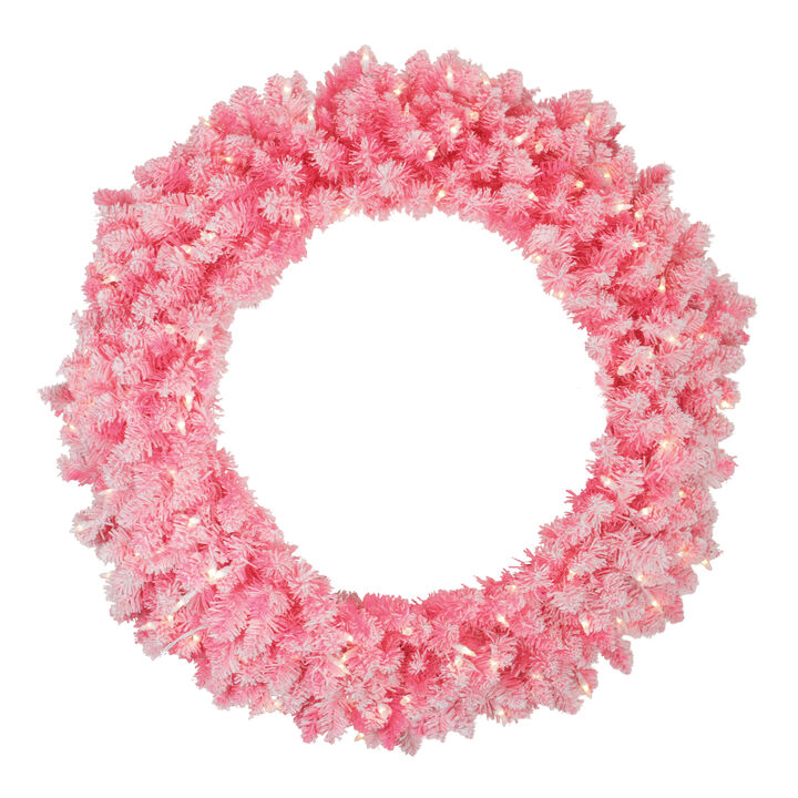 Pre-Lit Flocked Pink Artificial Christmas Wreath - 36 Inch  Clear Lights