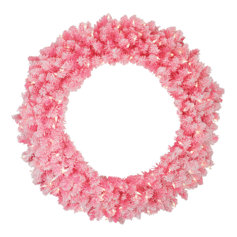 Pre-Lit Flocked Pink Artificial Christmas Wreath - 36 Inch  Clear Lights