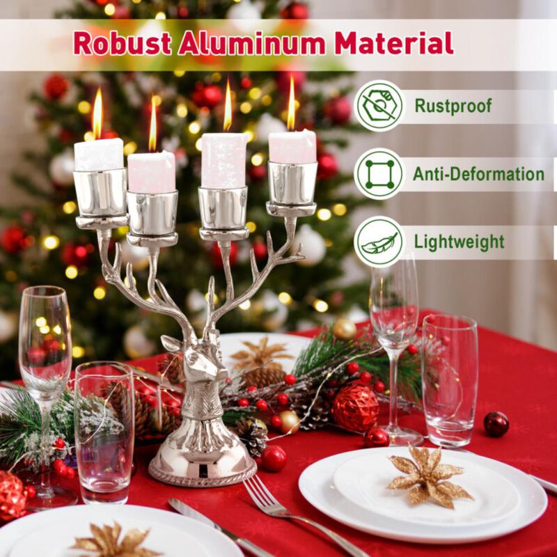 Hivvago Reindeer Candle Holder Christmas Ornament for 4 Candles Aluminum Decoration-Silver
