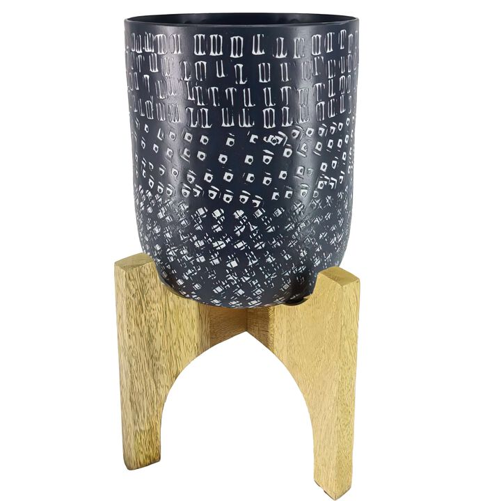 Alex 8 Inch Artisanal Industrial Round Hammered Metal Planter Pot with Wood Arch Stand, Midnight Blue-Benzara