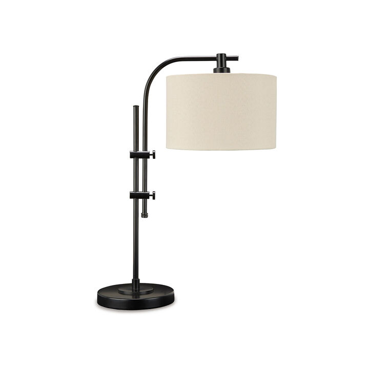 Mney Accent Lamp, Adjustable Arm, White Drum, 26 Inch Black Metal - Benzara