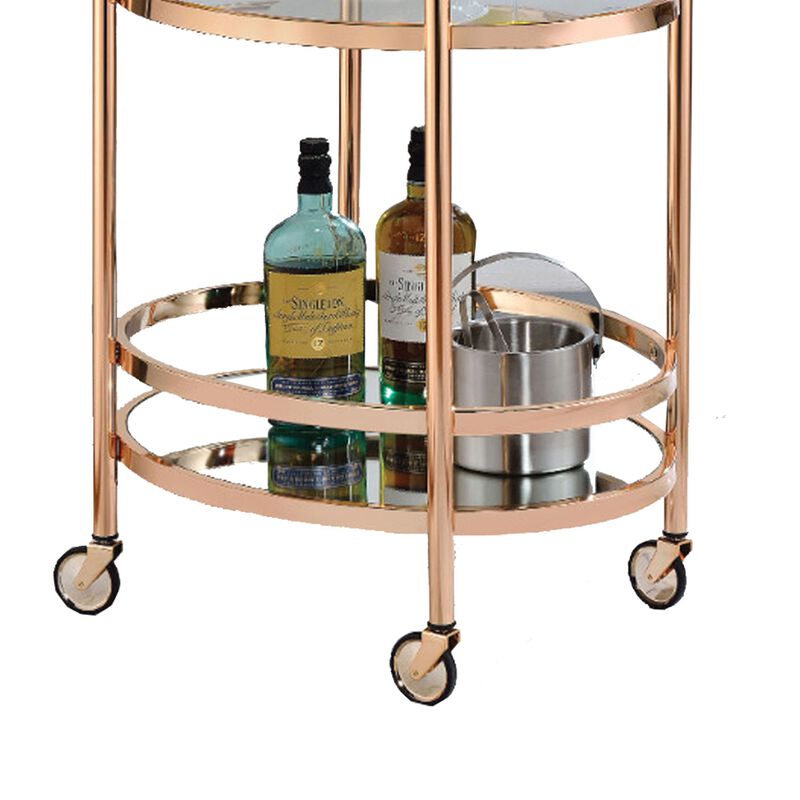 Oval Metal Serving Cart, Clear Glass & Copper-Benzara