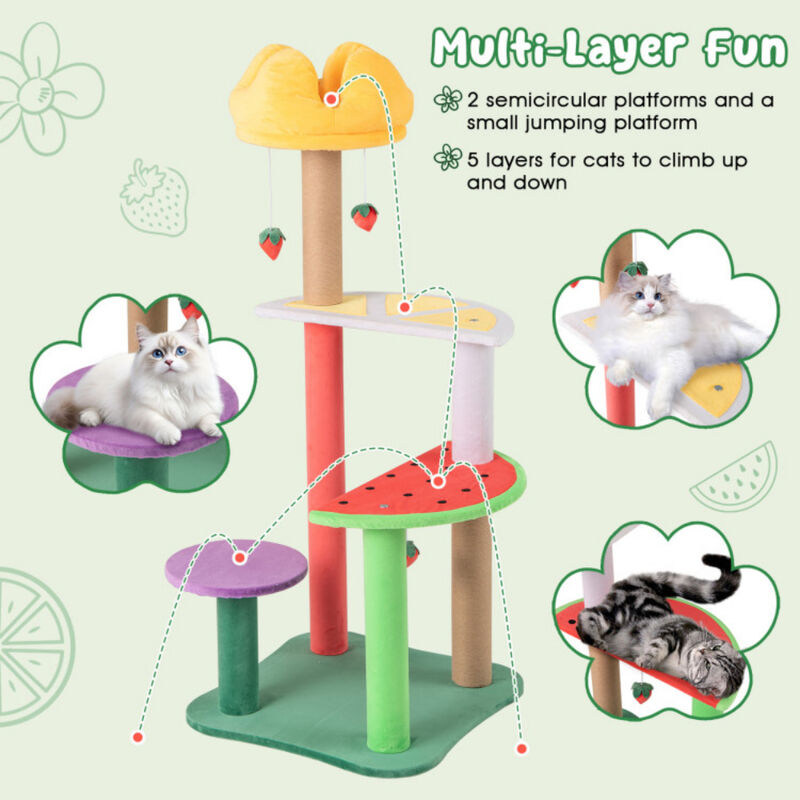 Multi-Level Cat Tree with Plush Padded Top Perch and Fruit-Shaped Platforms