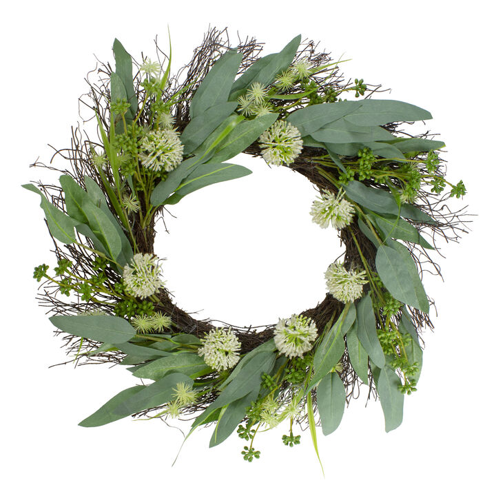 Olive Leaf and Floral Twig Spring Wreath  Green and White 23"