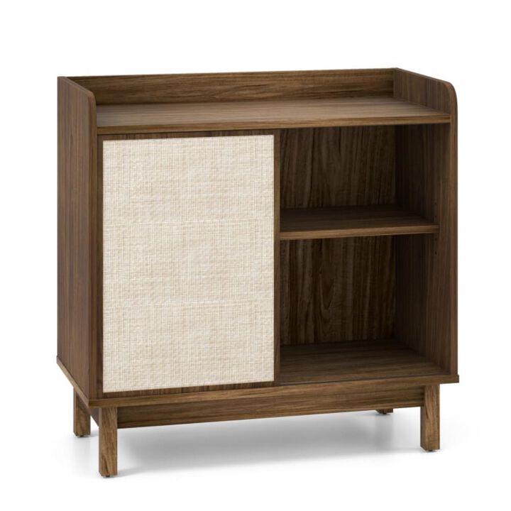 Hivvago Rattan Buffet Sideboard Mid Century Floor Storage Cabinet with Sliding Door and Adjustable Shelves