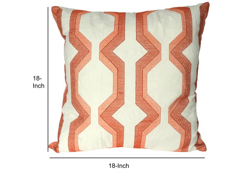 Contemporary Cotton Pillow with Geometric Embroidery, Red and White- Benzara