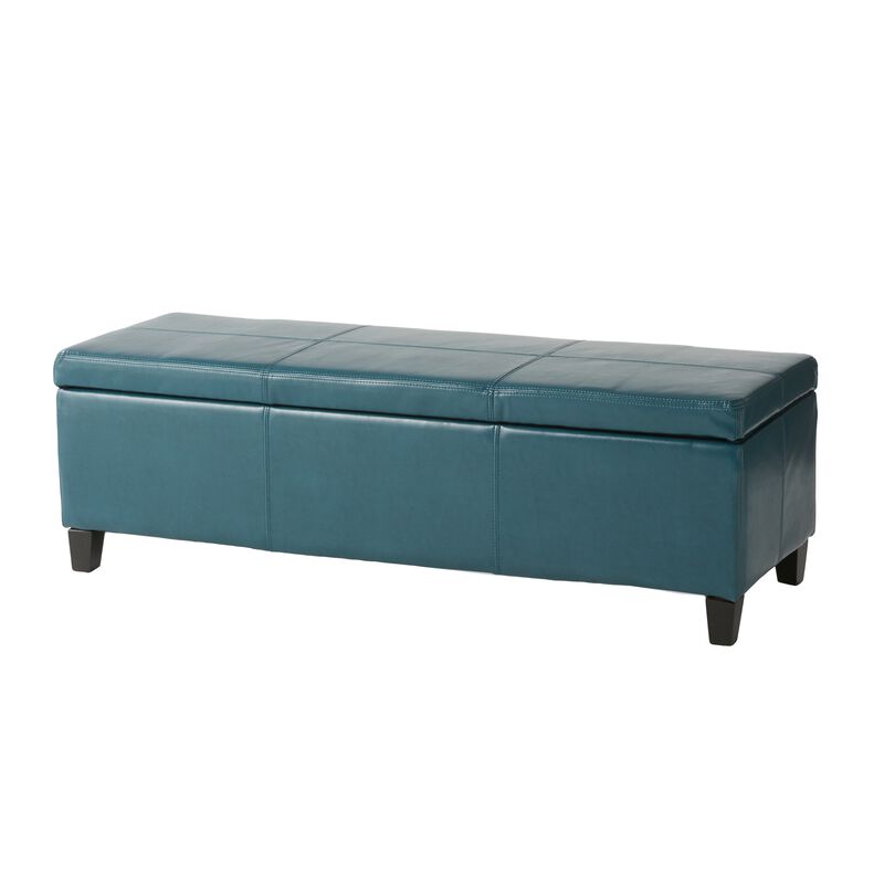 Elias Storage Ottoman, 51 Inch Rectangular, Teal Faux Leather Tufted - Benzara