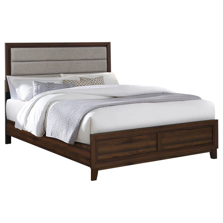 Yels King Size Bed, Gray Channel Tufted Upholstery, Walnut Brown Wood - Benzara