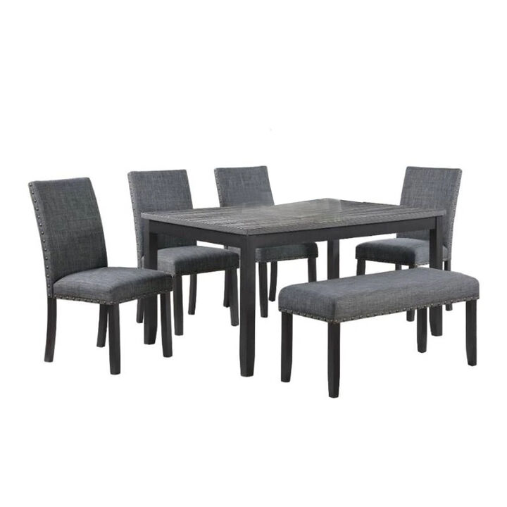Drake 6 Piece Dining Table Set, 4 Chairs, Bench, Gray Fabric, Black Wood - Benzara